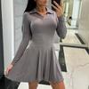 Female Solid Color Turn Down Collar Shirt Dress Women All Match Long Sleeve Pleat Dress Elegant Winter Autumn Mini Dress