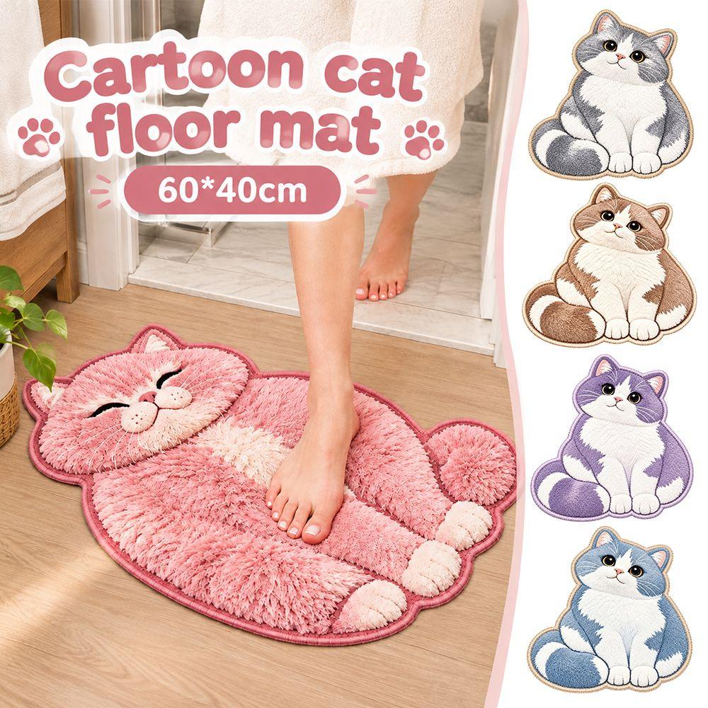 2D Cat-Shaped Area Rug Crystal Velvet Entryway Floor Mat Cute Bathroom Carpet Home Decor