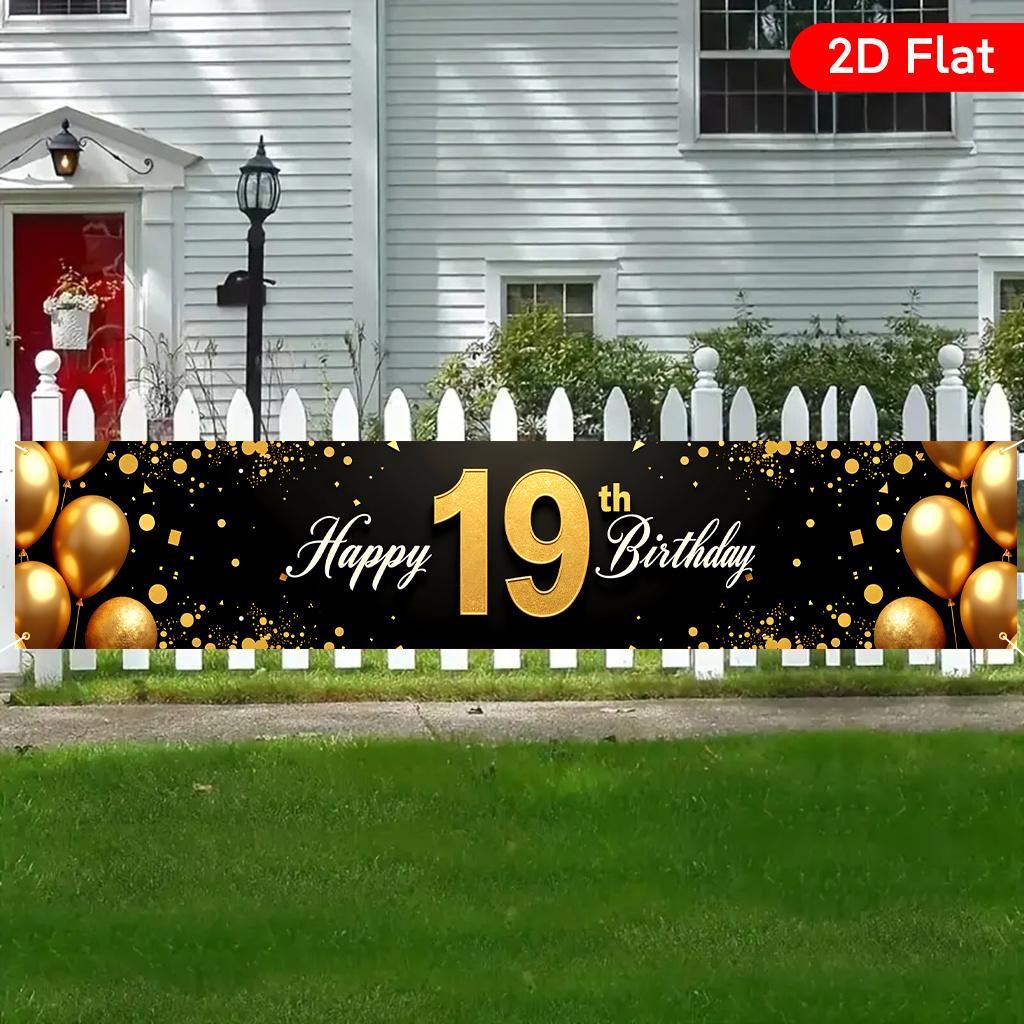 19th Birthday Yard Banner, Golden Balloons & Confetti Theme, Polyester Outdoor Anniversary Decoration