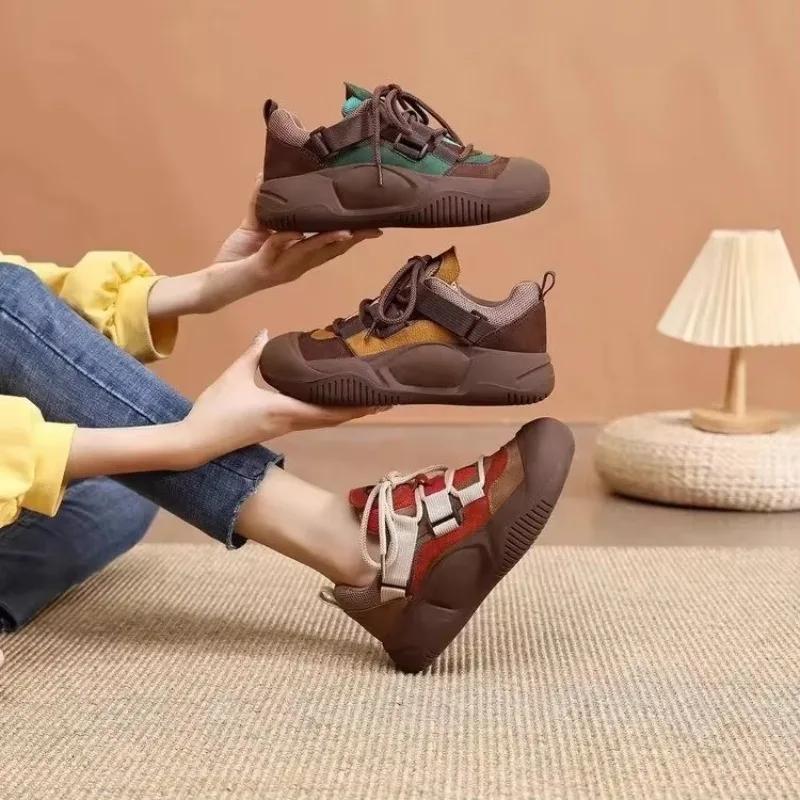 Модная женская спортивная обувь с круглым носком, износостойкая, нескользящая, дышащая обувь для женщин, со шнуровкой, подходящая по цвету, для повседневных поездок на работу и на природу