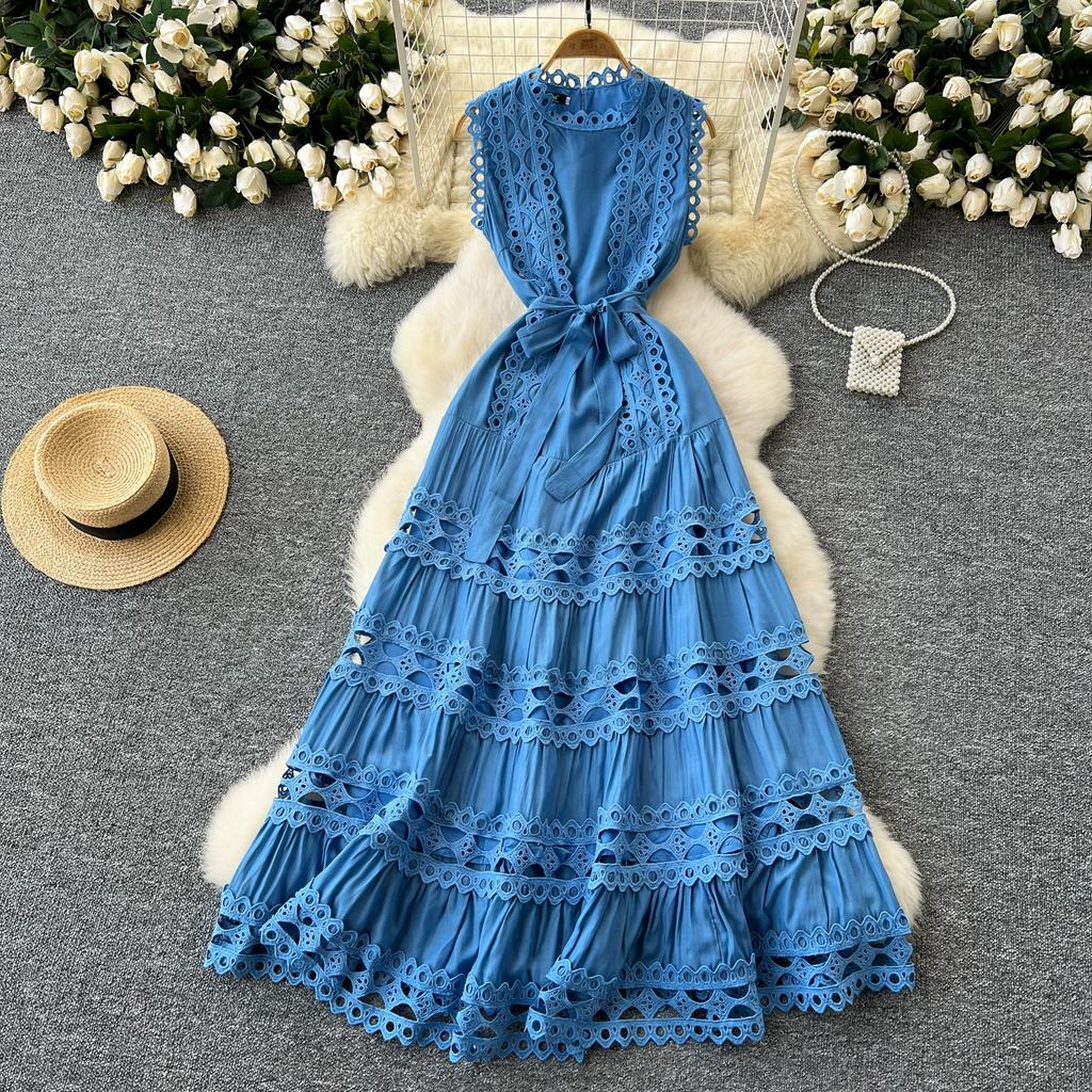 Summer Elegant Lace Spliced Embroidery Long Maxi Holiday Robe Women's Sleeveless Tank Wedding Party Dressess
