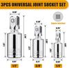 Universal Joint Socket Set, 1/4” 3/8” 1/2” Drive Swivel Socket Adapter Set, Premium Chrome Vanadium Steel Universal Joint Socket