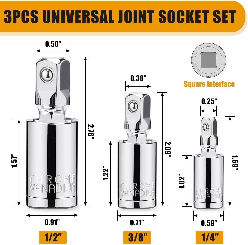 Universal Joint Socket Set, 1/4” 3/8” 1/2” Drive Swivel Socket Adapter Set, Premium Chrome Vanadium Steel Universal Joint Socket