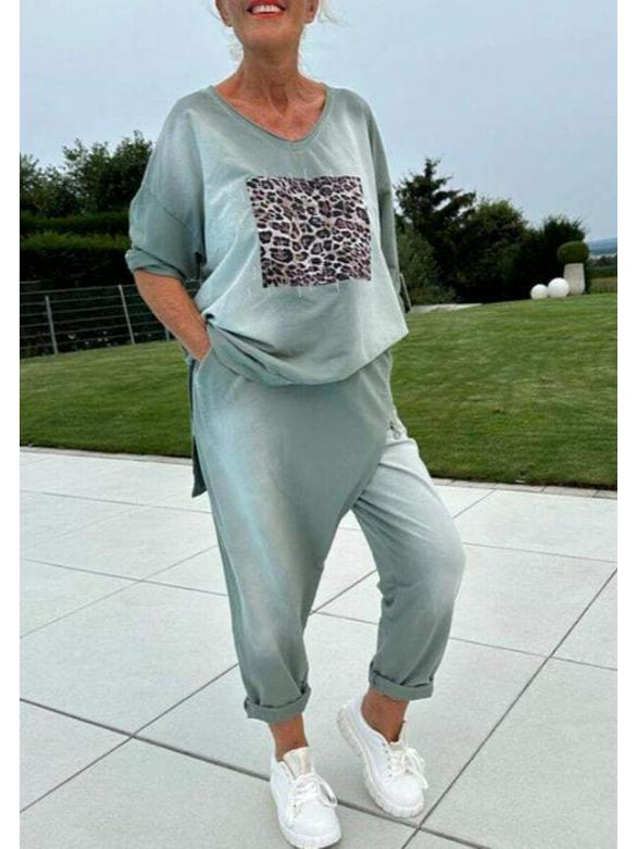 Женский осенний вязаный комплект с леопардовым принтом 2024: Европейский и американский повседневный комплект с круглым вырезом