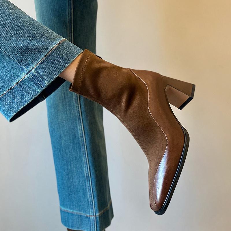 Fashion Vintage Thick Heel Square Toe Women Ankle Boots Back Zippers Autumn Winter Shoes Ladies Elegant Slimming Short Booties