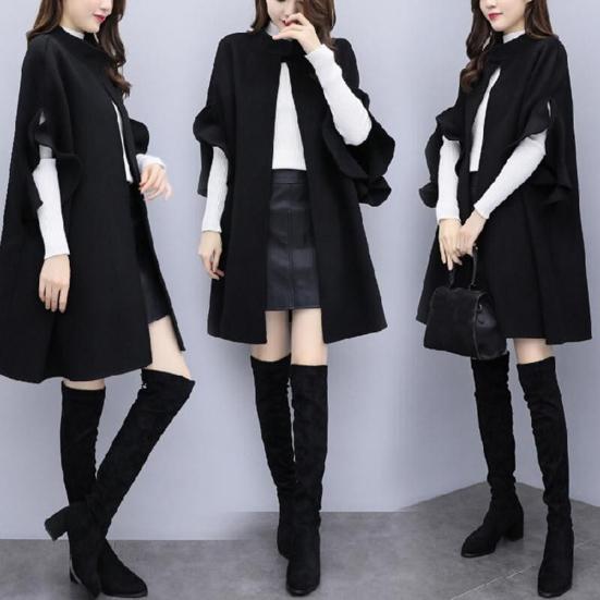 Женское зимнее пальто с рукавами-лепестками, воротником-стойкой, накидкой-трапецией, кардиганом средней длины с открытыми стежкам, шерстяным пальто для улицы, пончо