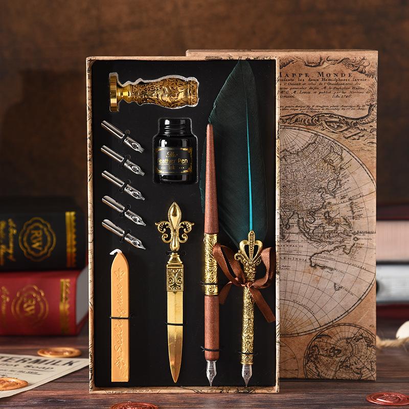 Victorian Dual Dip Pen Set Colorful Feather Quills Nibs Premium Calligraphy Kit Vintage Writing Tools for Beginners Feather Pen