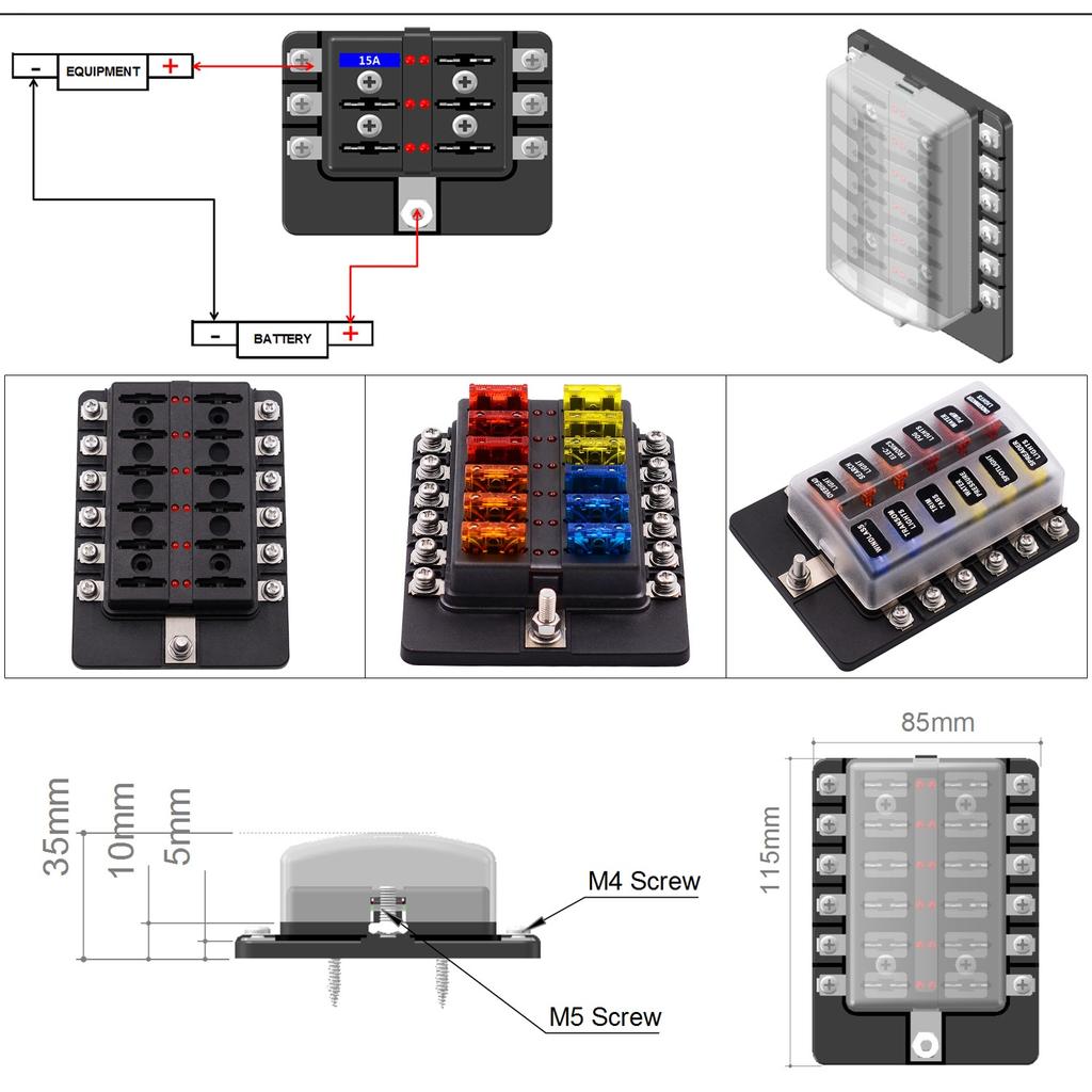 Indicator Light Bracket, Car Fuse, 12 Ways Blade Fuse Box, Fuse Box with LED Warning Indicator Light, Carbon RV DC 12-32 Waterproof Cover