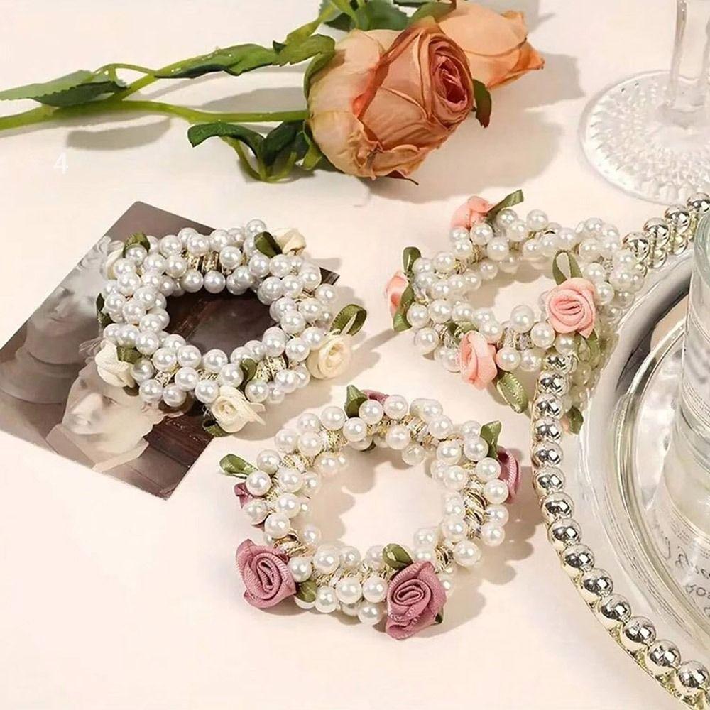 1Pcs Elegant Flower Pearls Hair Band High Elastic Hair Tie New Rubber Hairband For Women Girls