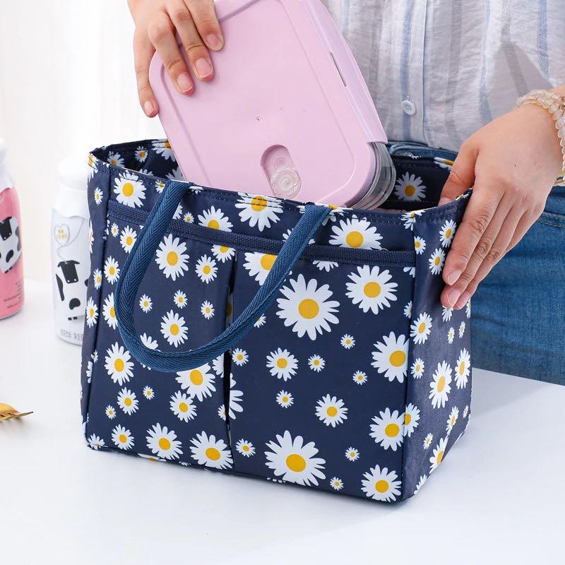 Daisy Print Cute Lunch Bag Thermal Insulation Large Capacity Portable Picnic Hangbag Office Lunch Box Bag Kids School Lunch Bags