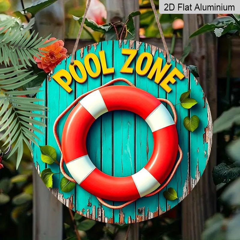2D Flat Aluminum Decorative Signs and Plaques for Pool Areas, Available in Various Sizes. Vintage Life Rings and Distressed Wood Paneling Wall