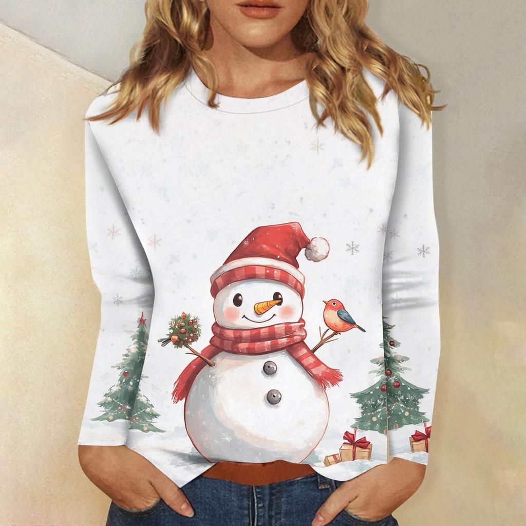 Рубашки с длинным рукавом для женщин Милые принты Футболки Блузки Повседневные Большие размеры Базовые топы Пуловеры Рождественские