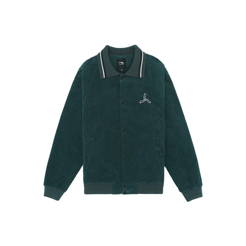 Li-Ning 1990 Classic Series Solid Color Retro Single-Breasted Long Sleeve Cotton Jacket Men Jackets New-Balsam-Green AJMS117-1