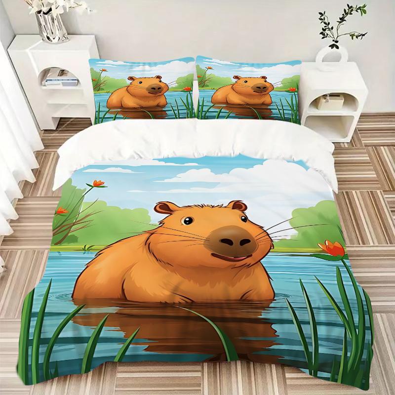 3pcs Capybara, Waterfront Duvet Cover Set - Machine Washable, Includes 1 Cover and 2 Pillowcases, No Core Included yy251013107
