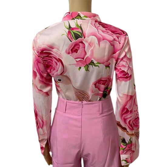 Элегантная офисная блузка для женщин, с воротником-стойкой, однобортная, с цветочным принтом, длинным рукавом, на пуговицах, для весны/лета