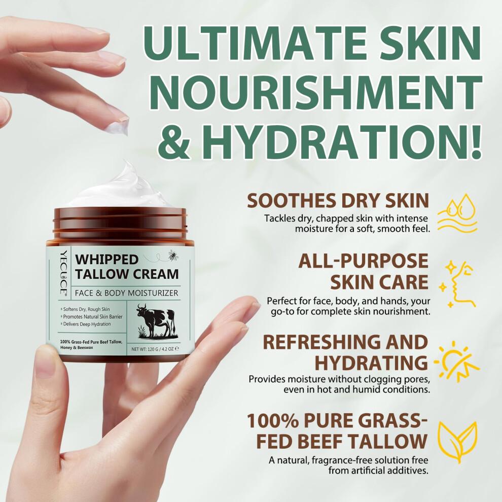 Beef Tallow Honey Balm - Organic Grass Fed Tallow Face Cream - Deeply Nourishing & Moisturizing Beef Tallow Skin Care for for Dry Skin, 120g