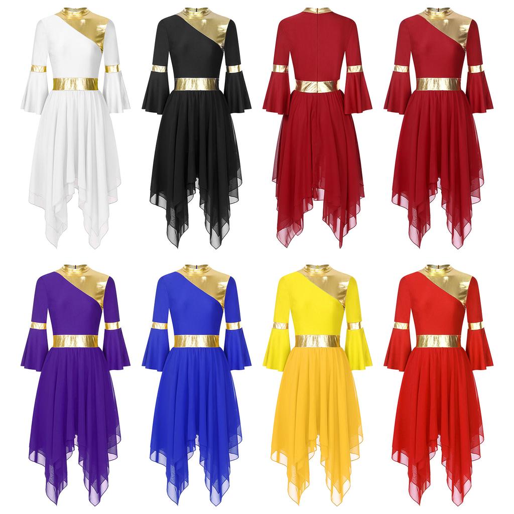 Женщины Девочки Расклешенный рукав 3/4 Металлическая танцевальная одежда для церковного богослужения Литургическая танцевальная одежда Туника Асимметричный подол Лирическое танцевальное платье Накладка