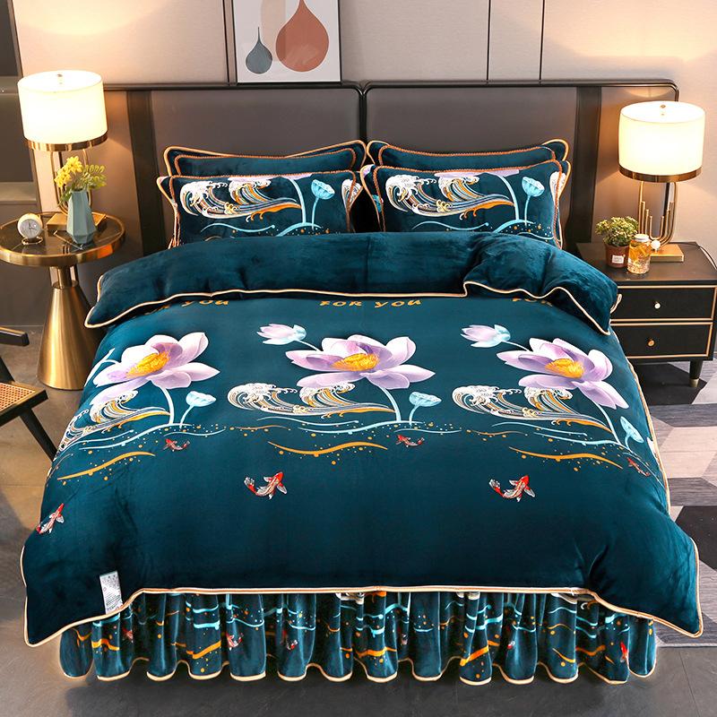 Комплект из 4 предметов плюшевого осенне-зимнего комплекта из утолщенного теплого флиса, простыни, пододеяльника с принтом, подзора для кровати, комплект для дома
