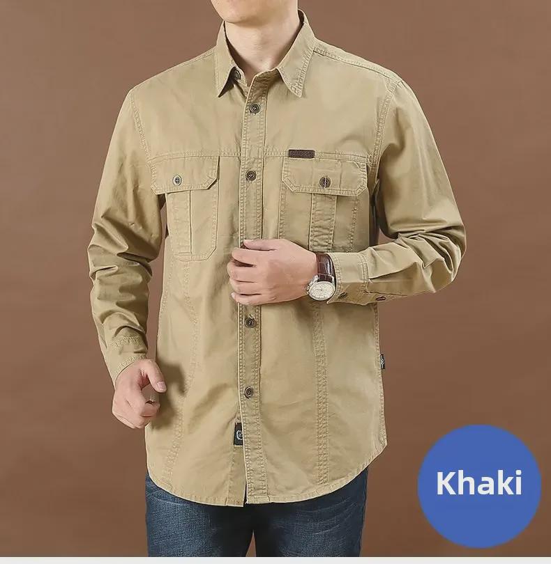 Мужская повседневная рубашка свободного кроя с длинным рукавом - однотонная, большого размера, осенняя рабочая одежда с карманом