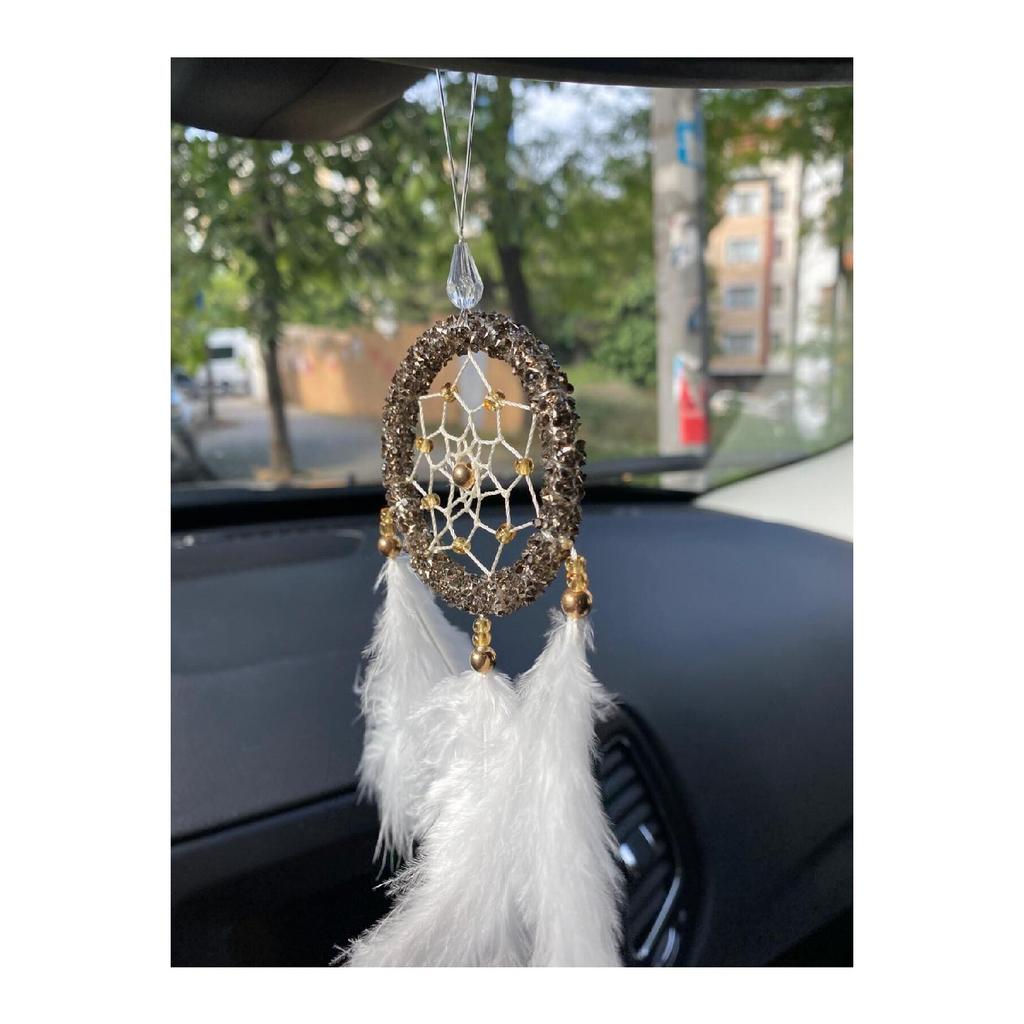 New Dream Catcher, Dreamcatcher Anthracite Stone, White Bird Feather Rear View Mirror Decoration