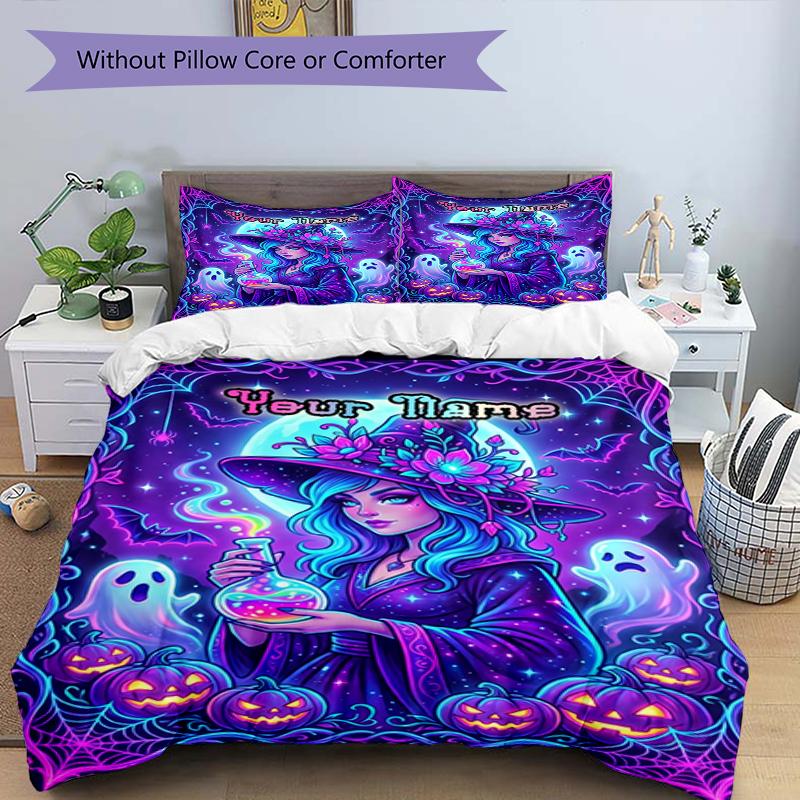 3PC Custom Name "Spooky Halloween Witch" Bedding Set Duvet Cover Closure Includes 1 Duvet Cover & 2 Pillowcases for Bedroom