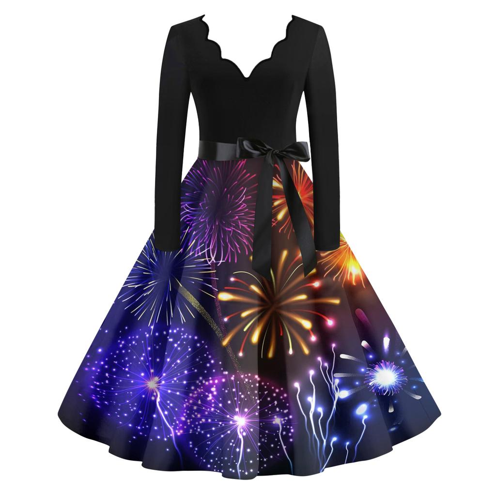 Женское повседневное модное платье винтажного стиля с V-образным вырезом и новогодним принтом