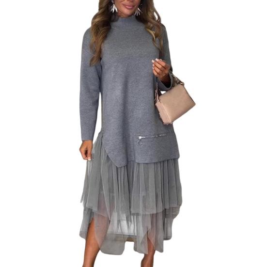 Женское платье осень-зима, имитация двух частей, пэчворк, неровный сетчатый подол, полувысокий воротник, А-силуэт