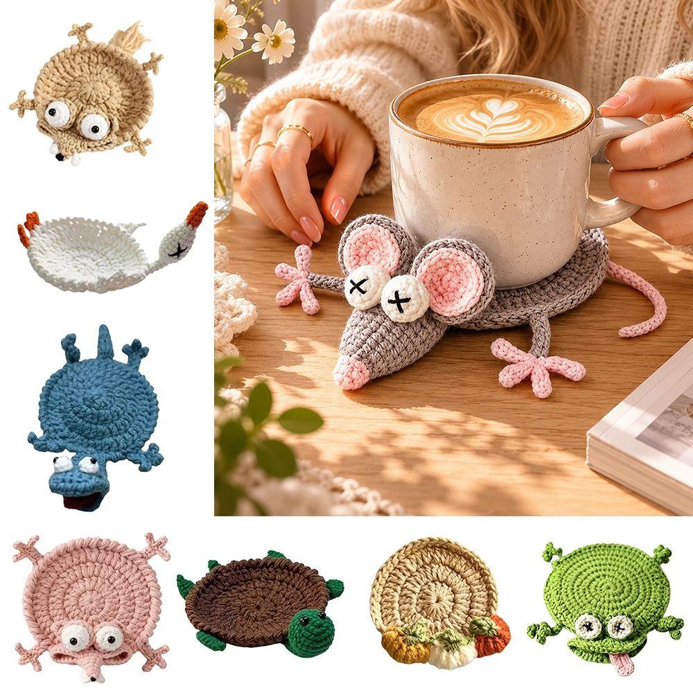 Soft Knitted Crochet Animal Coaster Cute Cartoon Cup Mat  Home Kitchen Table Decor