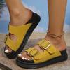 Fashion 2025 Double Buckle Platform Slippers for Women Summer Beach Solid Med Heel Sandals Woman Plus Size Cow Suede Flat Slides Female