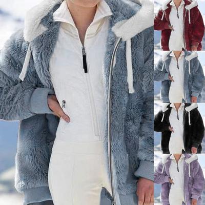 Зимнее пальто сплошного цвета с капюшоном для женщин свободное плюшевое пальто на молнии для офиса