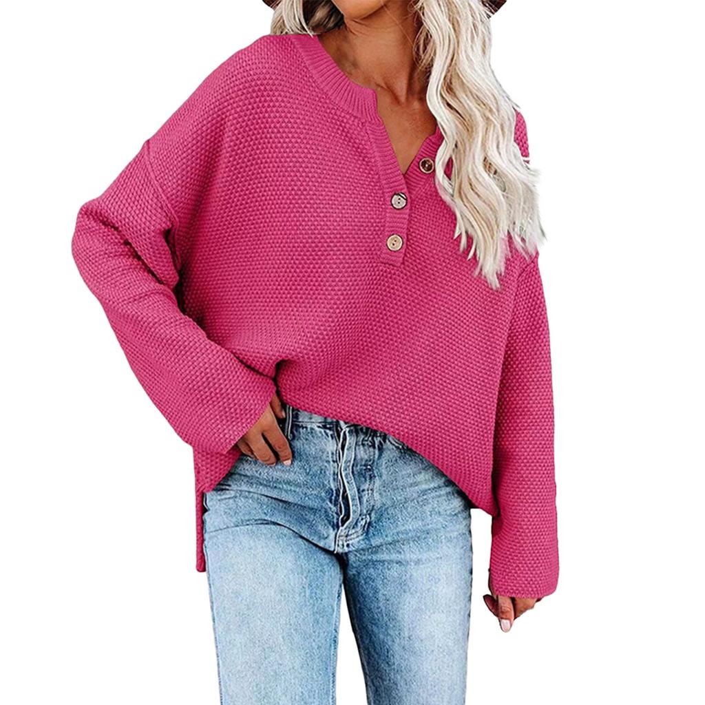 Женская мода, повседневный однотонный свободный вязаный пуловер с круглым вырезом и пуговицами, топ