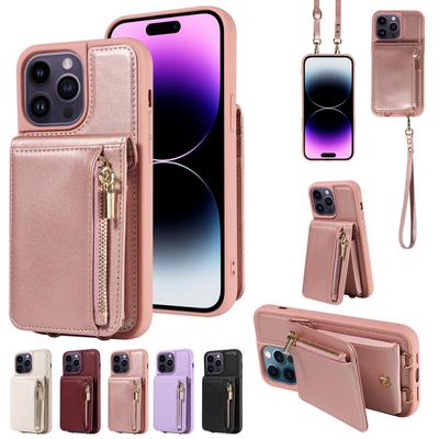 Кожаный чехол-кошелек с ремешком через плечо для Iphone 15 14 13 12 11 Pro Max с ремешком и шнуром на молнии, боковой карман для карт, задняя крышка