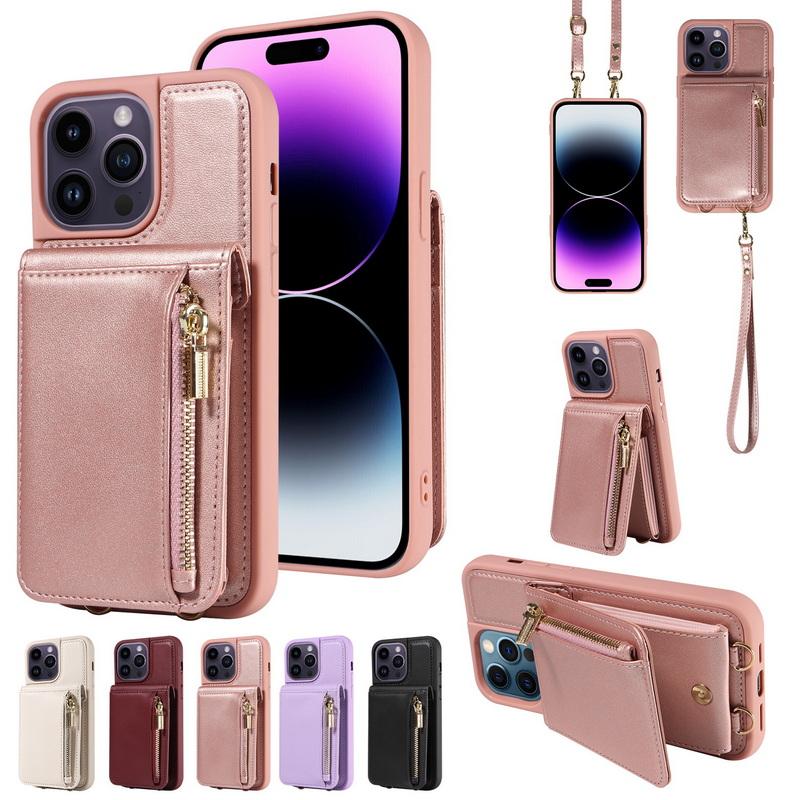 Кожаный кошелек-чехол на ремешке через плечо для iPhone 15, 14, 13, 12, 11 Pro Max с молнией и карманом для карт