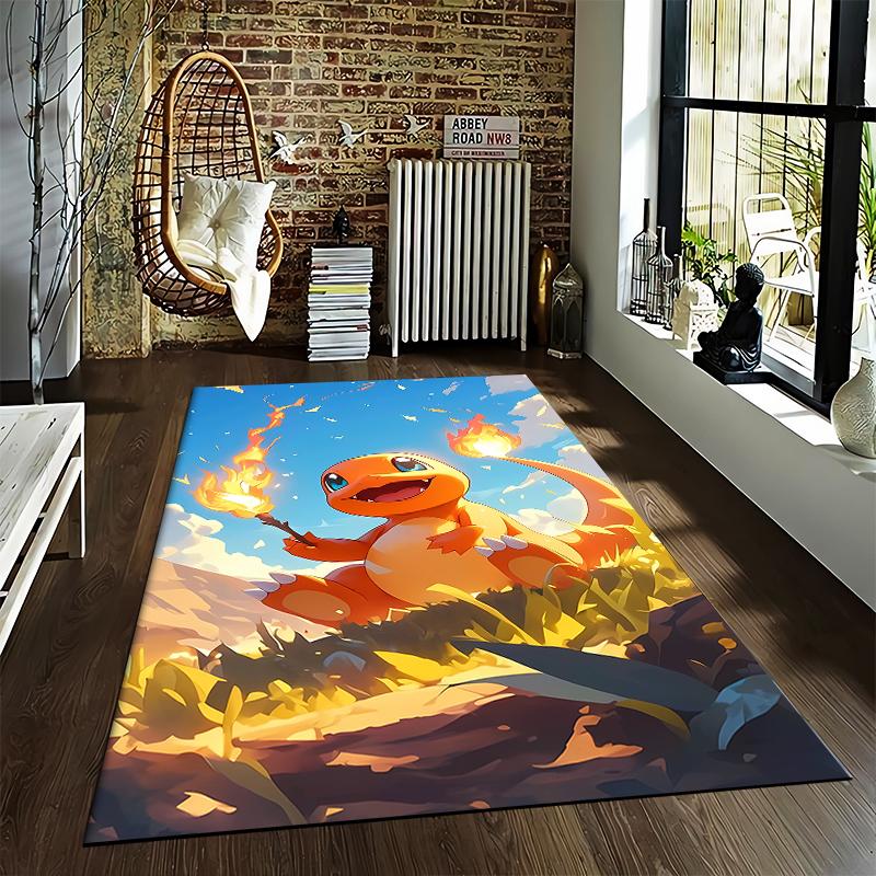 Orange Cartoon Dino with Flames Design Carpet for Kids Room Decor Suitable for use as an anti-slip for living room bedroom sofas