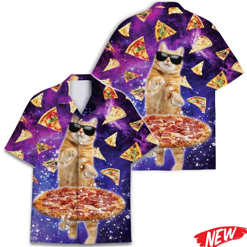 Funny pizza Cat Pattern Hawaiian Shirt For Men 3d Printed Animal Shirts Summer Beach Casual Short Sleeve Street Lapel Blouse