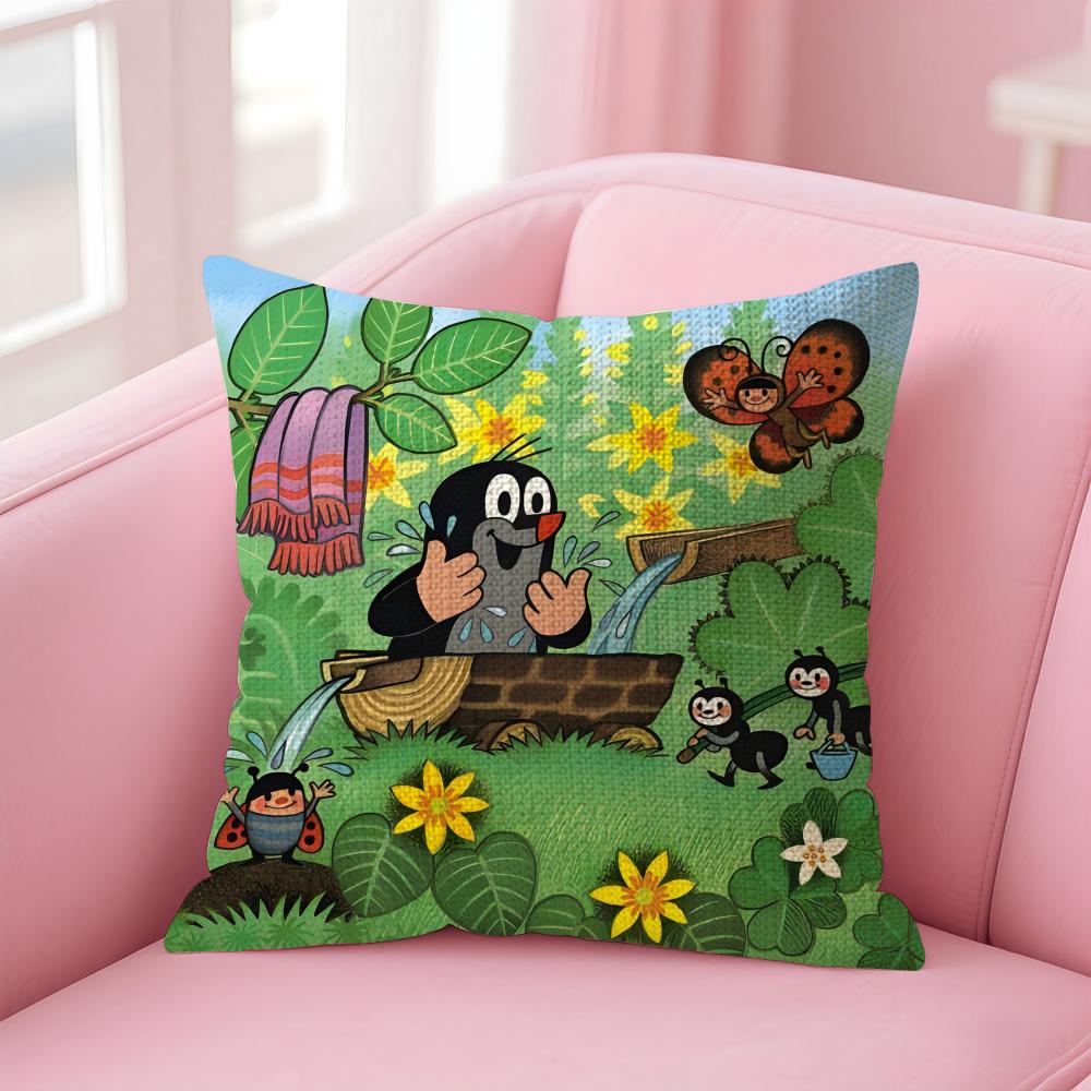 Чехол для подушки с мультяшным кротом LittleE Натуральная льняная наволочка Двусторонняя печать Декоративный чехол для диванной подушки Домашний декор Подарок
