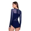 Women Shiny Rhinestones Patchwork Sheer Long Sleeve Color Block Gymnastics Leotard Bodysuit
