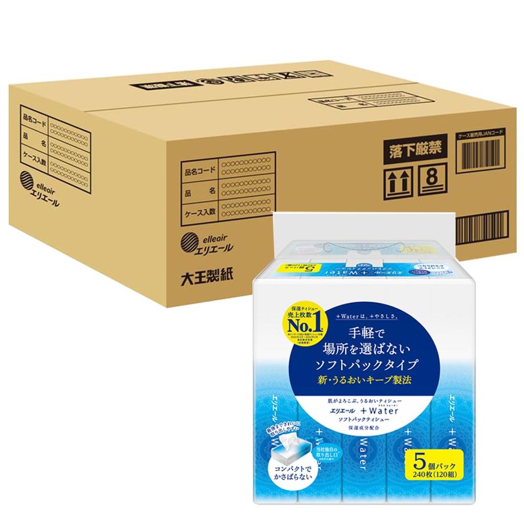 Elleair Soft Pack Tissue Plus Water 120 Pairs X 90 Packs Packs X 9 Tiered (+Water) (5 Pieces) [Half Case] [Simple Case]