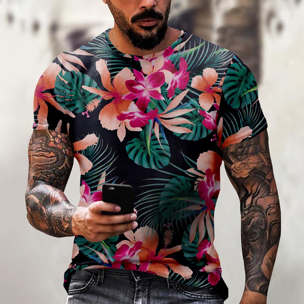 Мужская повседневная футболка с круглым вырезом и коротким рукавом с гавайским принтом