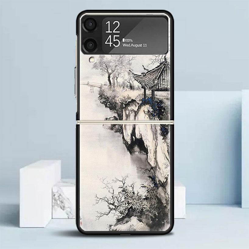 Черный Чехол в Китайском Стиле с Рисунком Чернилами для Телефона Samsung Galaxy Z Flip 7 6 5 4 3 5G Чехол Flip7 Flip6 Flip5 Flip4 Flip3 Patte