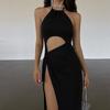 Women's Sexy Pure Black Cut Out High Slit Halterneck