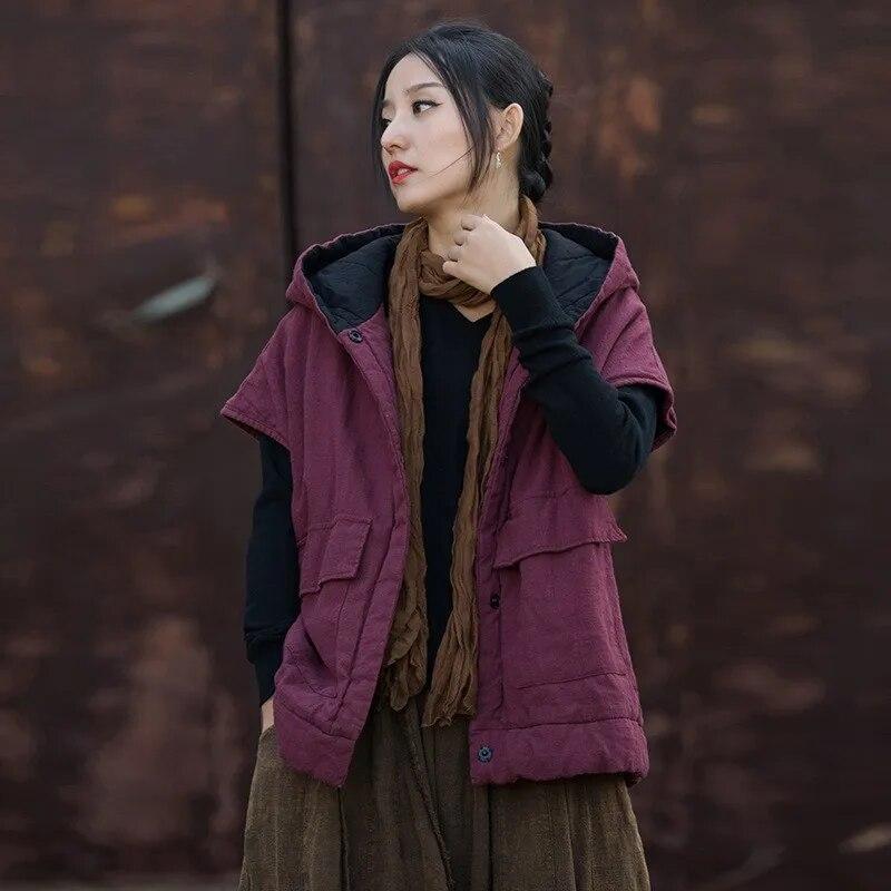 Johnature Женские винтажные жилеты с капюшоном, пальто, теплая одежда на пуговицах, лоскутная одежда с карманами, зимняя хлопковая жилетка