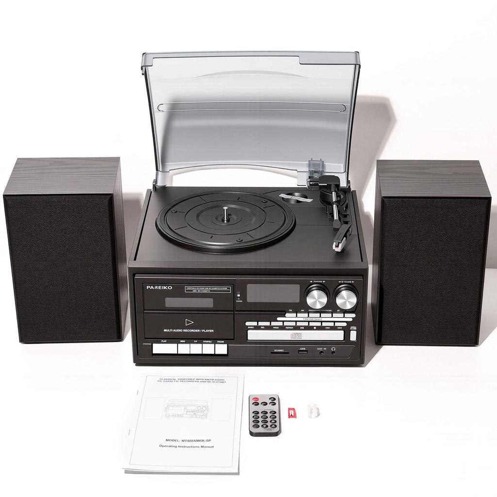 Ten-in-One Retro Vinyl Record Player: Bluetooth Speaker, Radio, Cassette & CD Player, Transcriber – Perfect Gift!
