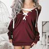 Women Sexy Lace Up Bandage Deep Off Shoulder Hoodies Long Loose Sleeve Pullover