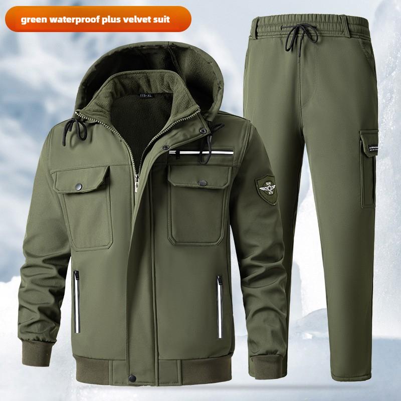 Outdoor Autumn and Winter Plus Velvet Thickened Overalls Suit Men's Cold-proof Warm Jacket Water-repellent