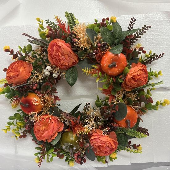 Осенний венок из пионов и тыкв, искусственная гирлянда из веток, винтажная цветочная гирлянда, сезонное украшение на дверь для Дня благодарения, декор урожая