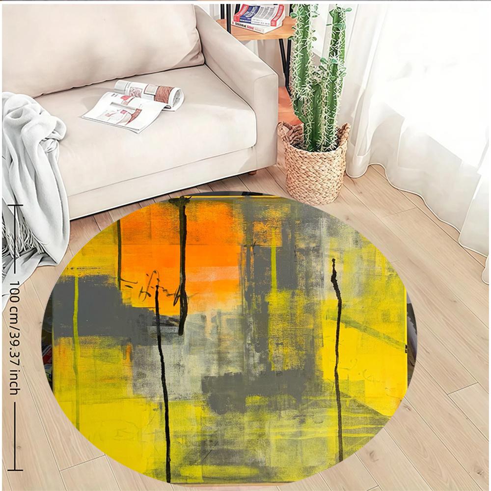 Abstract Yellow Gray Paint Splash Round Rug Flannel Modern Art Floor Mat for Living Room Studio Apartment Trendy Home Decor Item