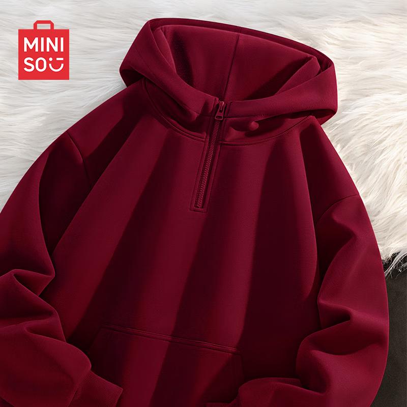 MINISO Men's Fleece-Lined American Retro Half-Zip Hooded Sweatshirt
