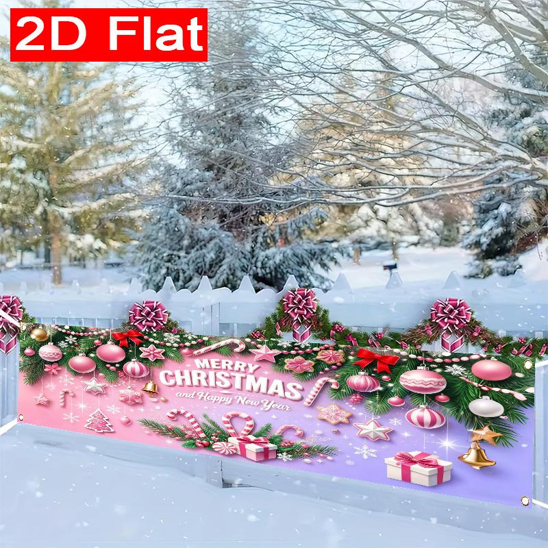 Pink Merry Christmas Banner, Holiday Design, Polyester Outdoor Wall Fence Yard Garage Garden Porch New Year Decoration