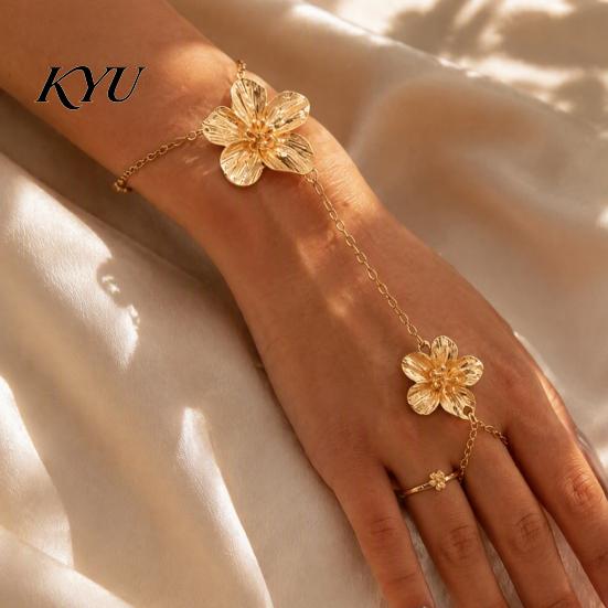 Minimalist Floral Wrist Decor Gold Flower Hand Chain Link Bracelet with Finger Ring for Layered Accessory Women, Hibiscus Flowers O Bracelet,